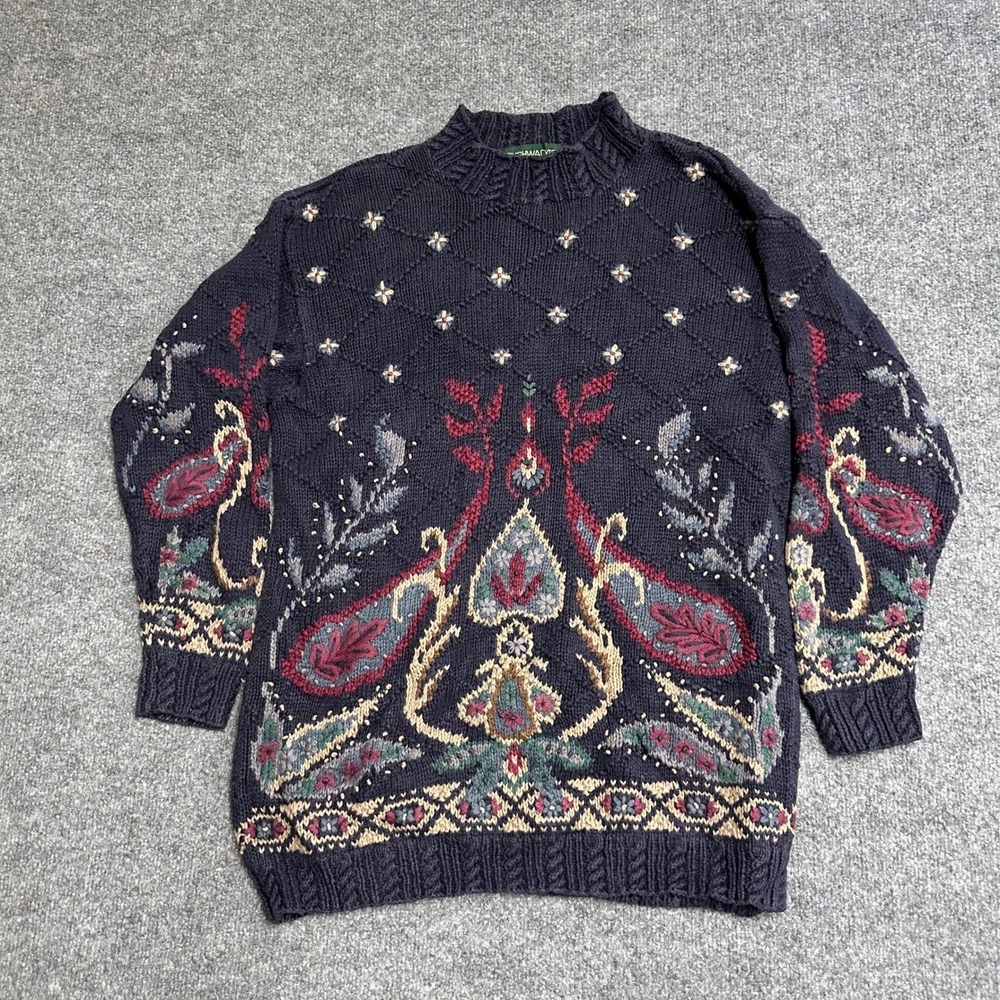 Bushwacker Sweater Womens Size L Navy Blue Paisley Floral Knit Mock Neck Vintage